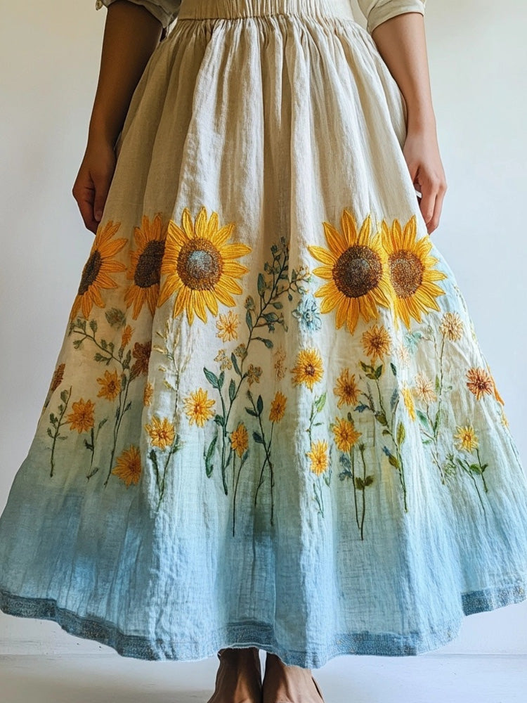 Boho Sunflower Embroidered Gradient Linen Skirt elevenforest