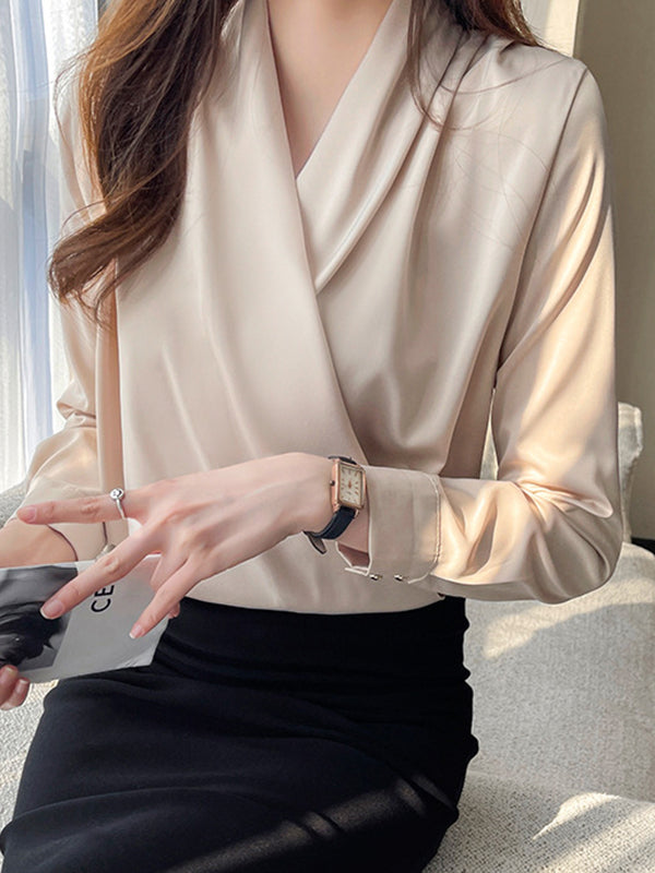 Long Sleeves Loose Buttoned Color V-neck Blouses&shirts Tops