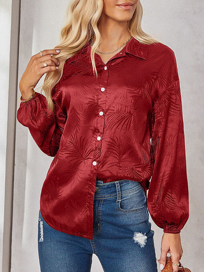 Loose Puff Sleeves Jacquard Split-joint Lapel Blouses