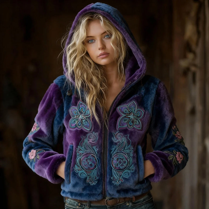 Women's Vintage Celtic Knot And Floral Art Plush Zip-up Hoodie elevenforest