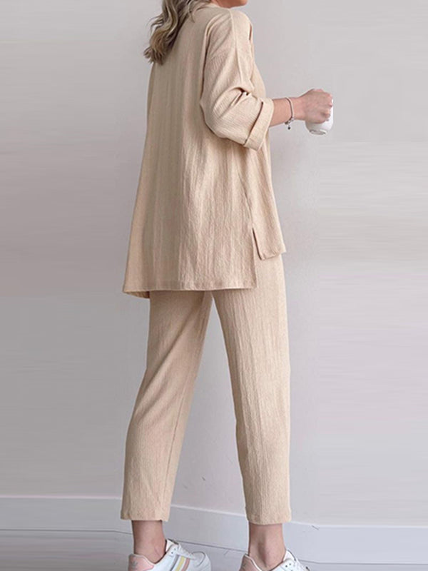 Color High-low Split-side Lapel Blouses + High Waisted Pants Bottom Two Pieces Set