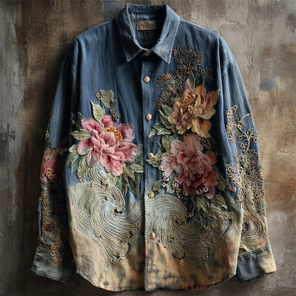 Vintage Peony Floral Japanese Style Men's Linen Long Sleeve Shirt elevenforest
