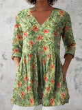 Women's Retro Floral Art Print Casual Cotton And Linen V-neck Top