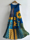 Ethnic Sunflowers Embroidered Patchwork Flowy Linen Tank Dress elevenforest