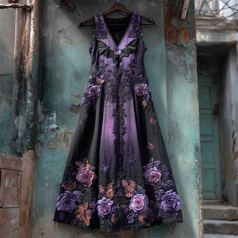 Halloween Bat & Dark Rose Gothic Women's Vest Midi Dress elevenforest