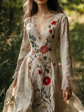 Vintage Forest Floral Embroidery Art Women's Linen Flowy Maxi Dress elevenforest