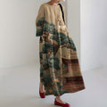 Comstylish Vintage Japanese Art Landscape Pattern Flowy Linen Maxi Dress
