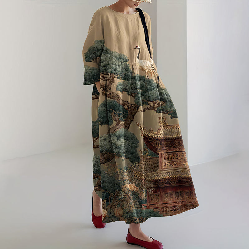 Comstylish Vintage Japanese Art Landscape Pattern Flowy Linen Maxi Dress