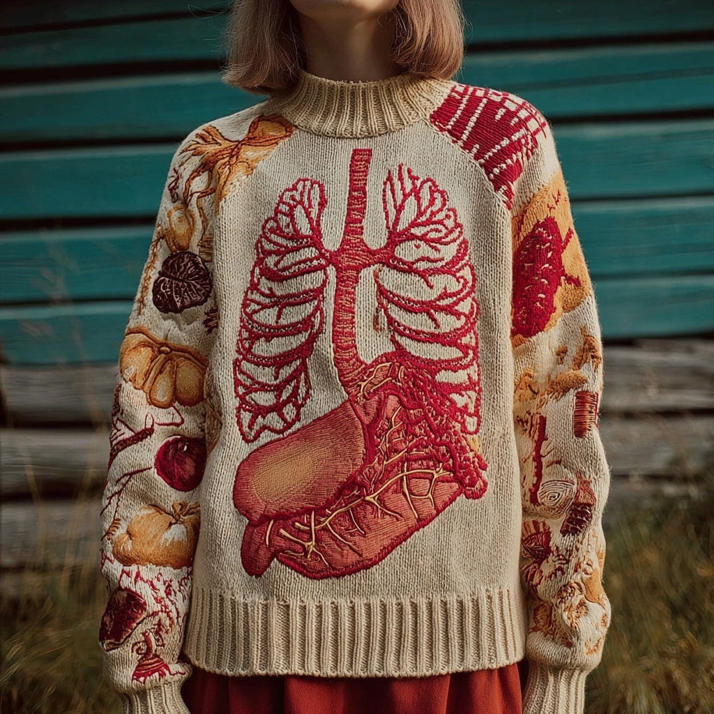 Comstylish Vintage Heart Lungs Brain Anatomy Art Cozy Knit Sweater
