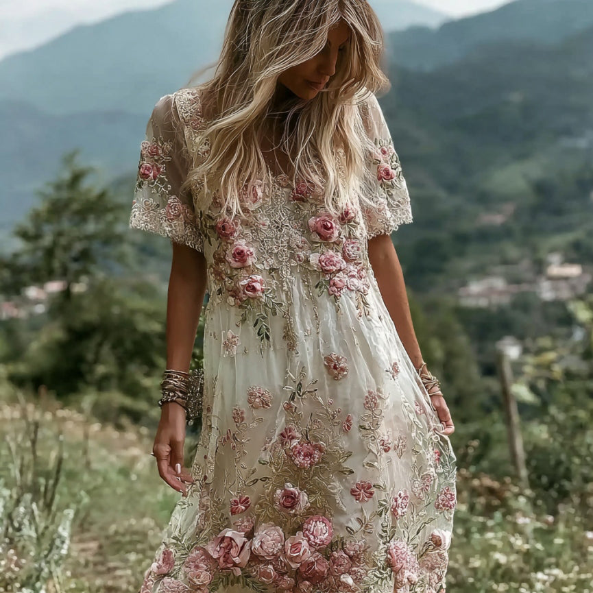 Women's Pink Flower Embroidery V-neck Linen Blend V-neck Short Sleeve Midi Dress elevenforest