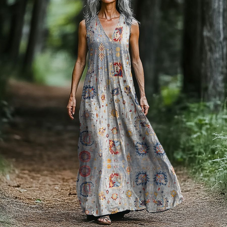Women's Ethnic Tattoo Art Print Cotton Sleeveless Dress elevenforest
