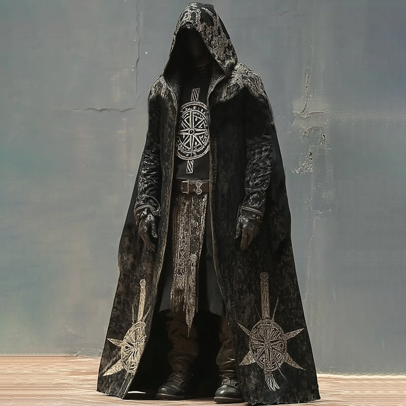 Men's Color-block Viking Compass Embroidered Hooded Cape