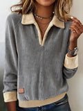 Women'S Lapel Contrast Corduroy Pullover Sweatshirt 