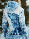 Comstylish Viking Ice Wolf Pattern Women's Hooded Flannel Sweater