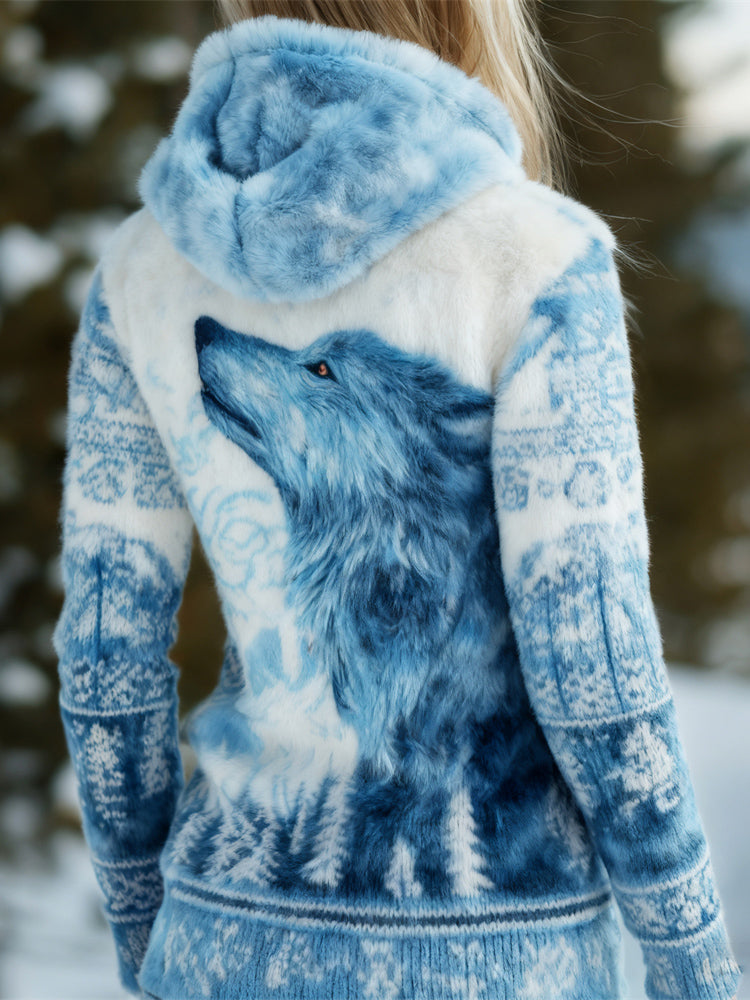 Comstylish Viking Ice Wolf Pattern Women's Hooded Flannel Sweater