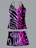 Color Leopard Print V-Neck Vintage Flowers Print Suspender Skirt Tankini Pantskirt Set Swimsuit