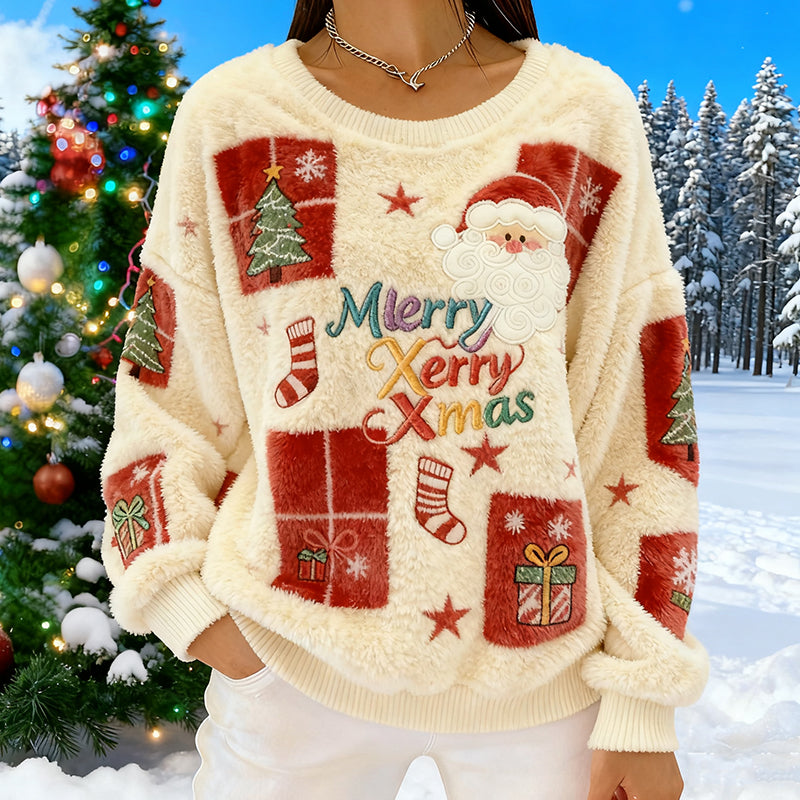Comstylish Cute Santa Claus Holly Berry Pattern Warm Crew Neck Sweater