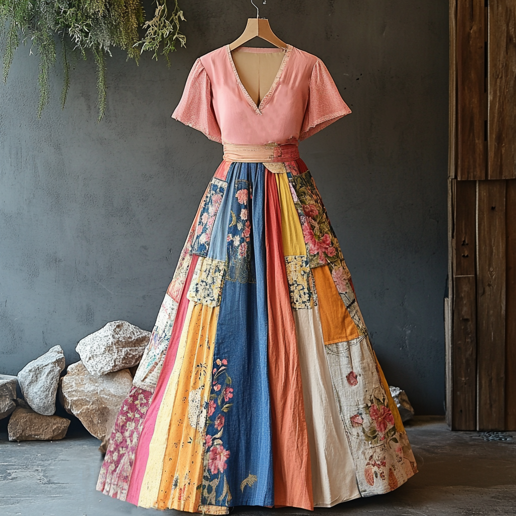 Retro Elegant Fashion Floral Patch V-neck Dress elevenforest