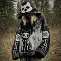 Comstylish Halloween Funny Black Cat Skull Spider Web Jacquard Knitted Hooded Sweater