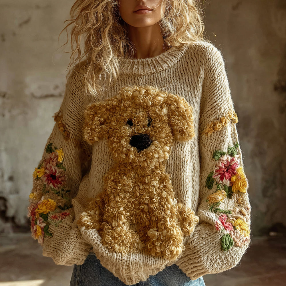 Comstylish Vintage Toy Poodle With Floral Felt Art Inspired Embroidered Cozy Knit Sweater