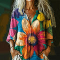 Women's Colorful Tie-dye Sunflower Art  Casual Linen Shirt elevenforest