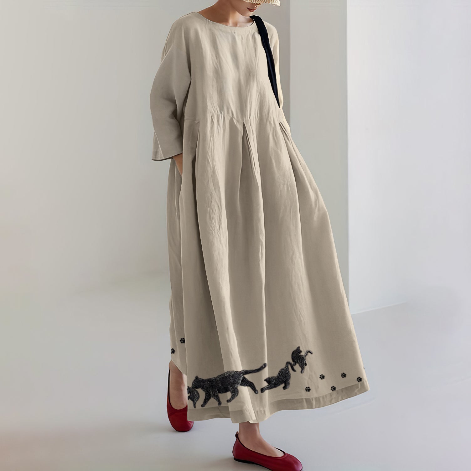 Women's Cat & Paw Embroidery Art Cozy Maxi Dress