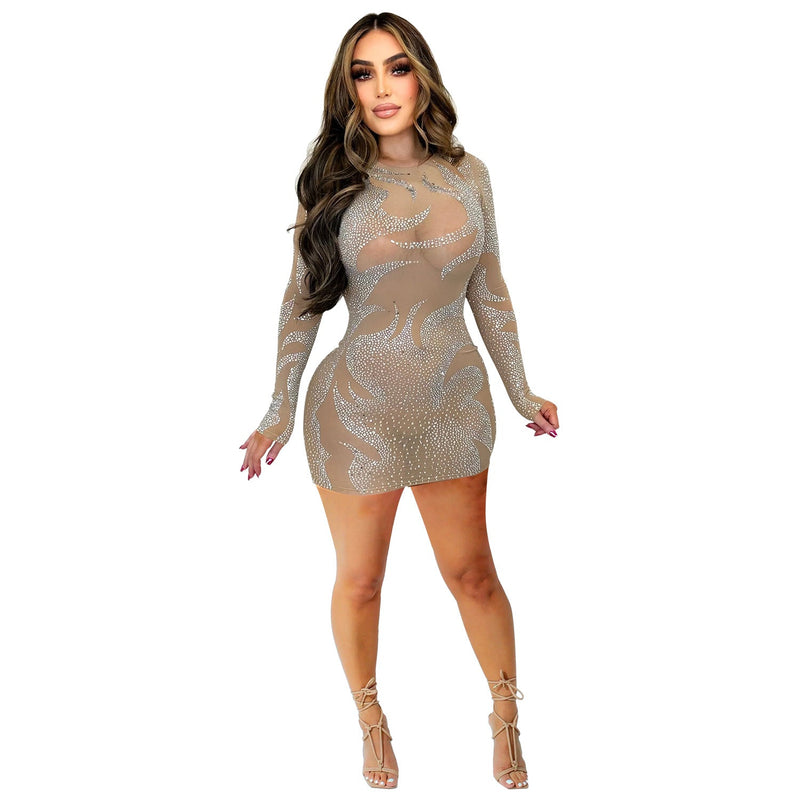 Mesh Rhinestone Long Sleeve Short Dress – Sparkling Party Mini Dress