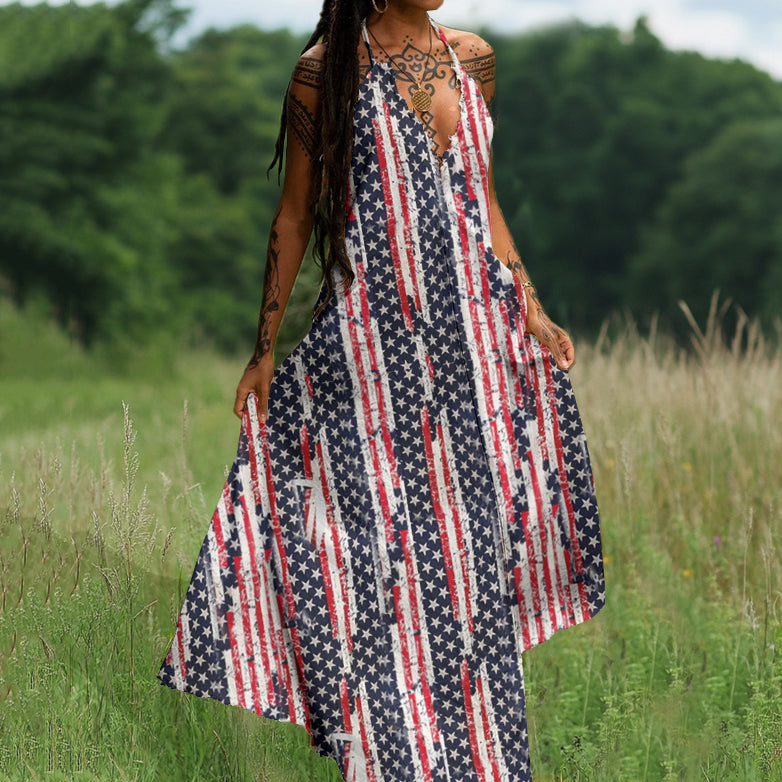 Independence Day Flag Stars And Stripes Patchwork Maxi Dress elevenforest
