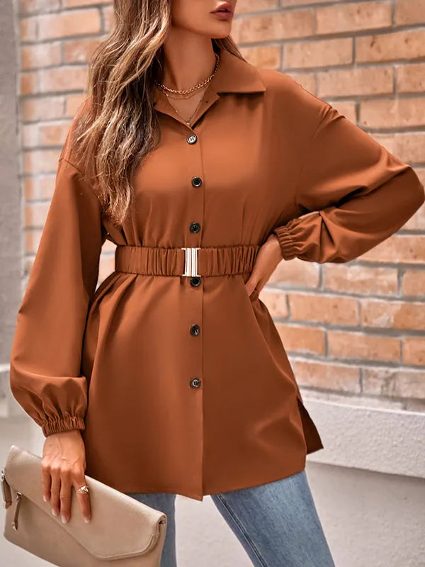 Loose Belted Color Lapel Blouses&shirts Tops Shirts Tops