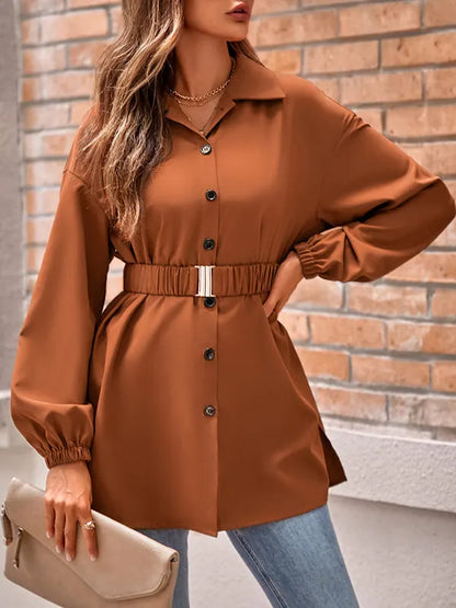 Loose Belted Color Lapel Blouses&shirts Tops Shirts Tops
