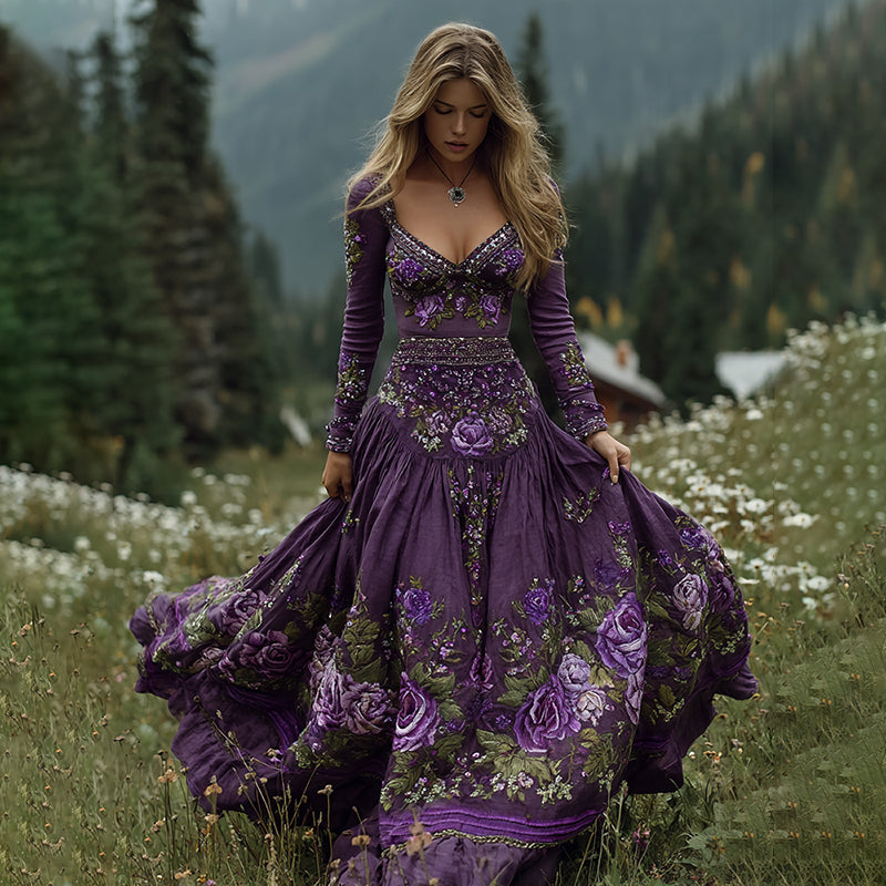 Women's Vintage Flowers Embroidery Art V-neck Maxi Dress elevenforest