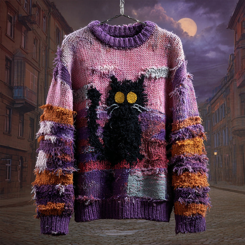 Comstylish Halloween Black Cat Embroidered Patchwork Cozy Knitted Sweater
