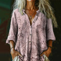 Comstylish Women's Vintage Floral Textured Art Print Casual Cotton And Linen Shirt