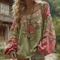 Women's Retro Bohemian Rose Floral Stitching Warm Round Neck Sweatshirt elevenforest