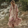 Vintage Pink Roses Fiber Art Lace Flowy Linen Maxi Dress elevenforest
