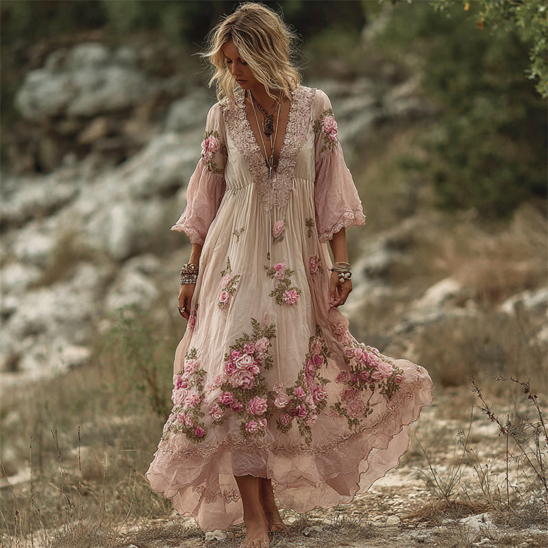 Vintage Pink Roses Fiber Art Lace Flowy Linen Maxi Dress elevenforest