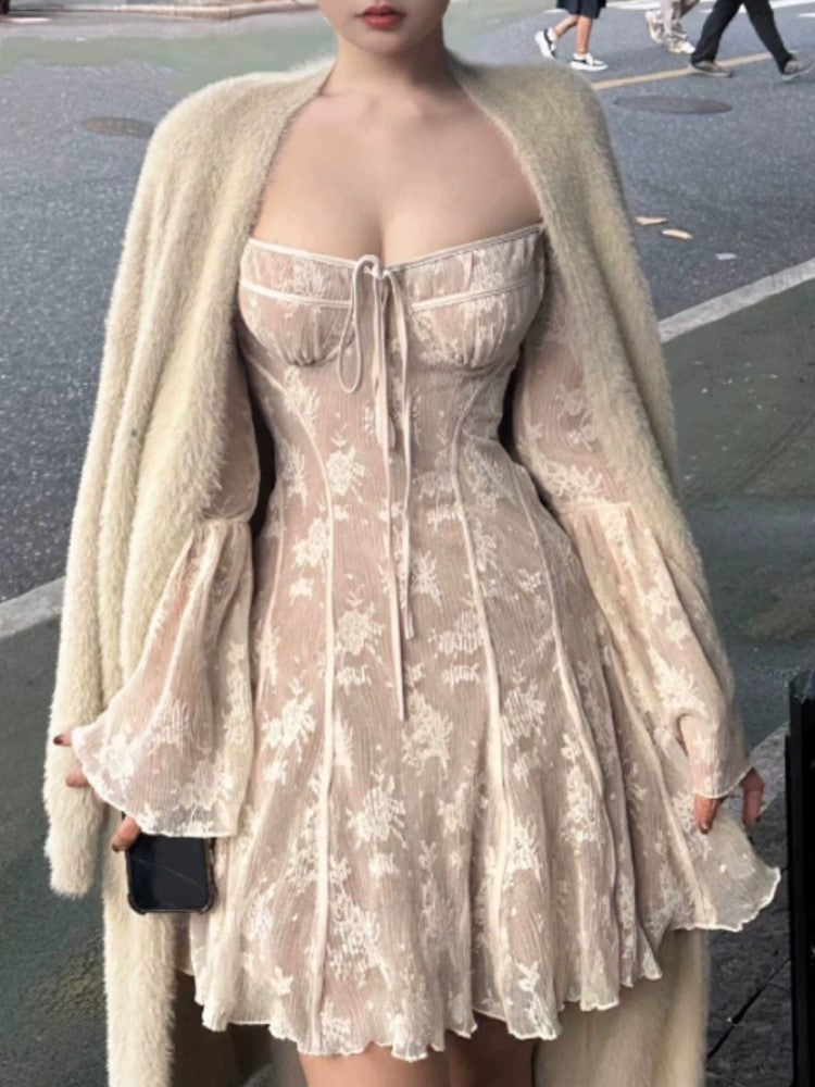 French Lace Mini Dress Y2k Off Shoulder Lace Up Ruffles A-line Autumn Spring Long Sleeve Party Dress Prom Vestidos