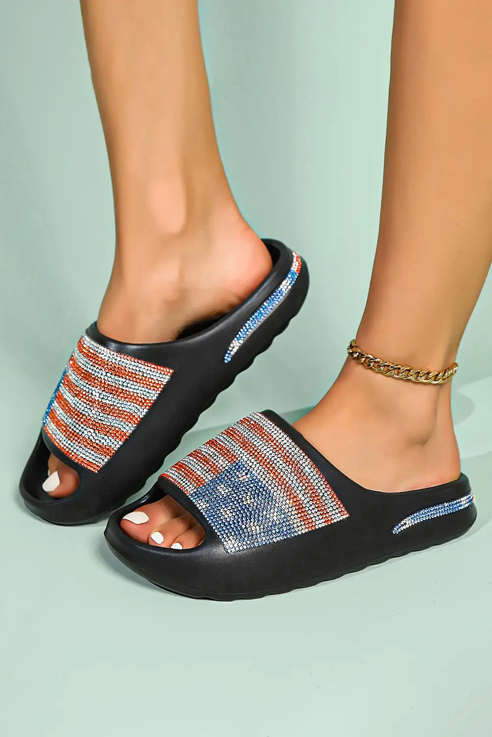 Glamorous Black Rhinestone American Flag Slippers