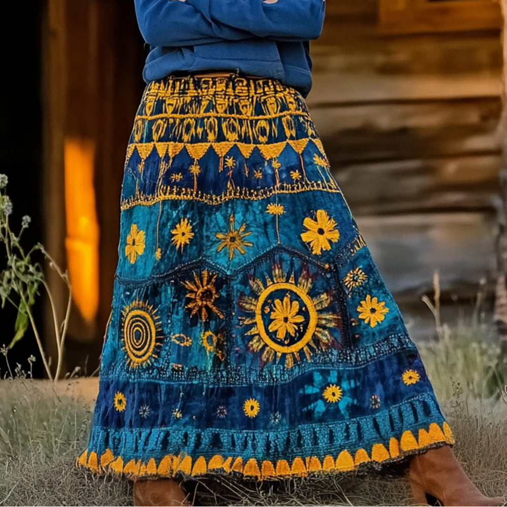 Folk Floral Embroidery Art Vintage Skirt elevenforest
