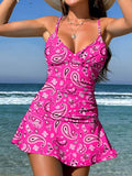 V-Neck Vintage Flowers Print Suspender Skirt Tankini Pantskirt Set Swimsuit