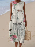 Comstylish Vintage Elegant Ladies & Pet Dogs Watercolor Print Women's Linen Tank Dress