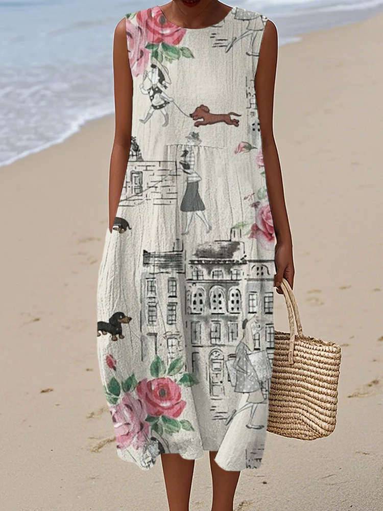 Comstylish Vintage Elegant Ladies & Pet Dogs Watercolor Print Women's Linen Tank Dress