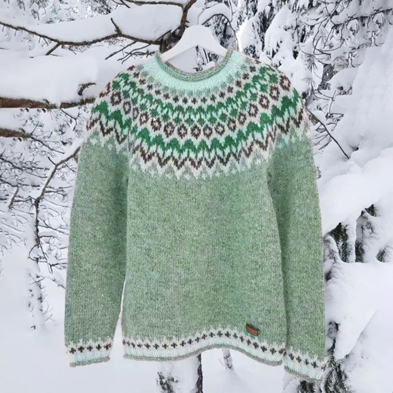 Vintage Icelandic Knit Jacquard Islender Crew Neck Sweater（Unisex） elevenforest