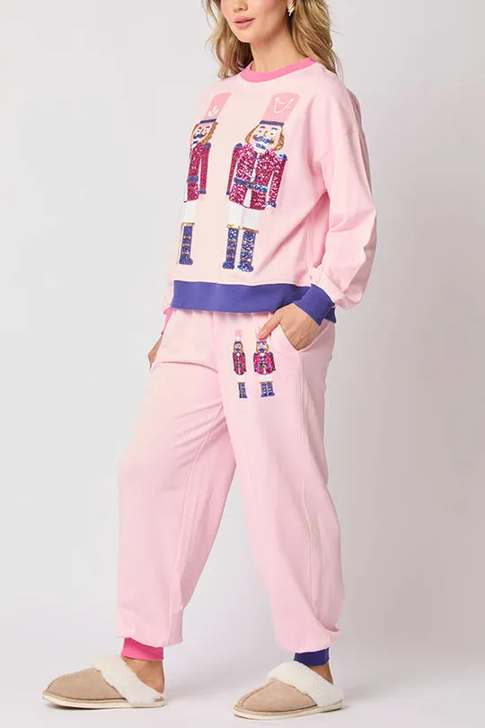 Christmas Soldier Sequined Leisure Sweatshirt and Elastic Waist Loose Pocket Pants Set