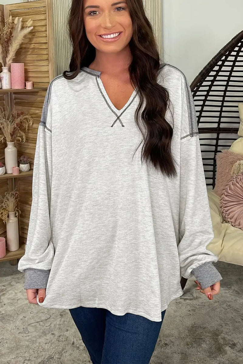 Gray Patchwork V Neck Sweatshirt
