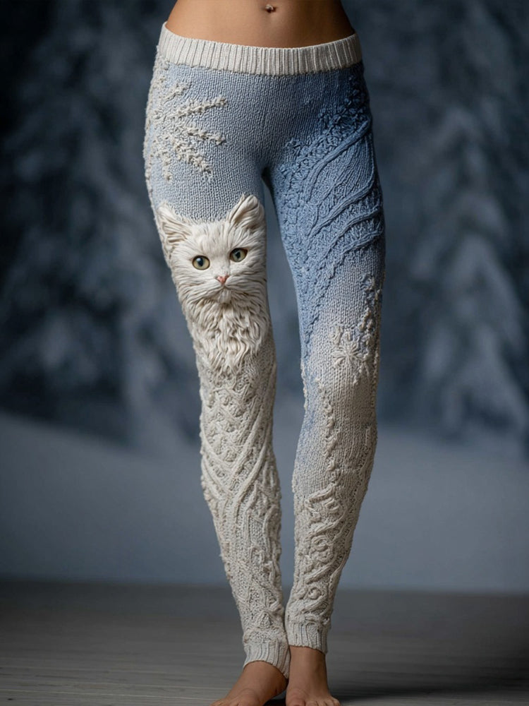 Lovely Cat Face Jacquard Gradient Cozy Knit Leggings