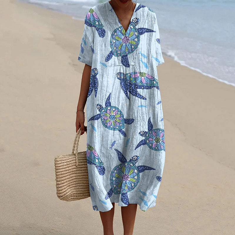 Comstylish Women's Resort Collection Watercolor Turtle Pattern Pattern Casual Flowy Midi Dress