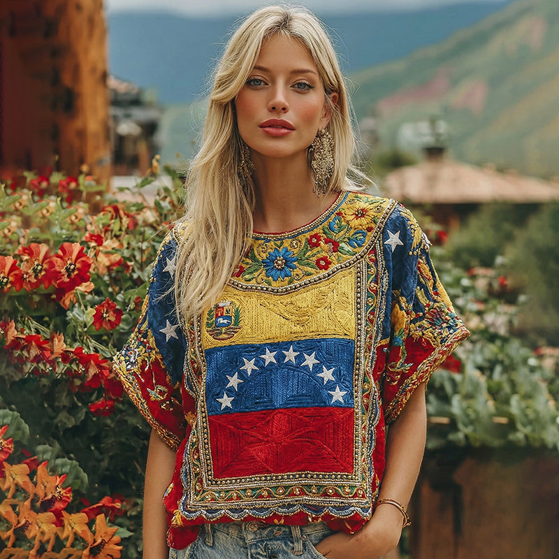 Women's  Venezuela Flag Floral Art Crew Neck Linen Blend T-shirt elevenforest