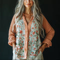 Women's Retro Loose Bohemia Floral  Contrast Panel  Print Casual Shirt elevenforest