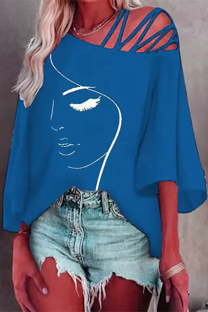 Print Patchwork Oblique Collar T-shirts(5 Colors)